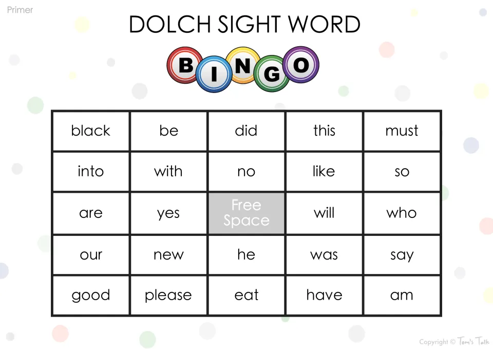 Dolch Primer bingo card featuring black, be, did, this, must, new, please and am; children mark called sight words