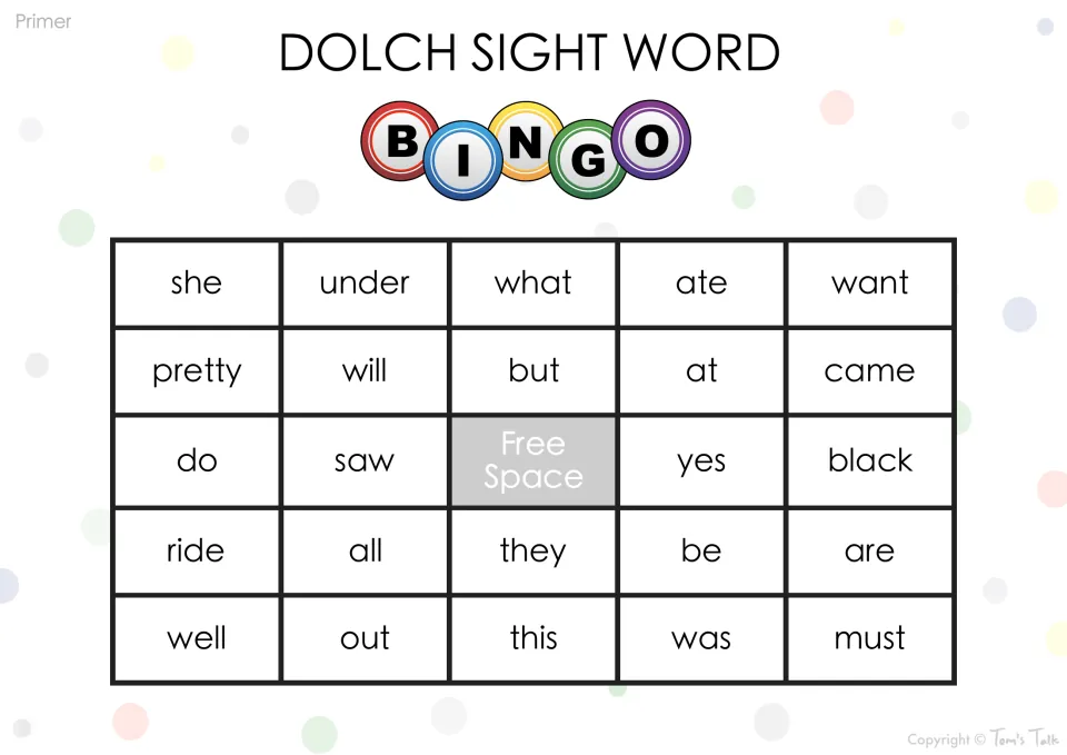 Sight word bingo, Primer set: card with she, under, what, ate, want, do, ride and well for students to mark when called