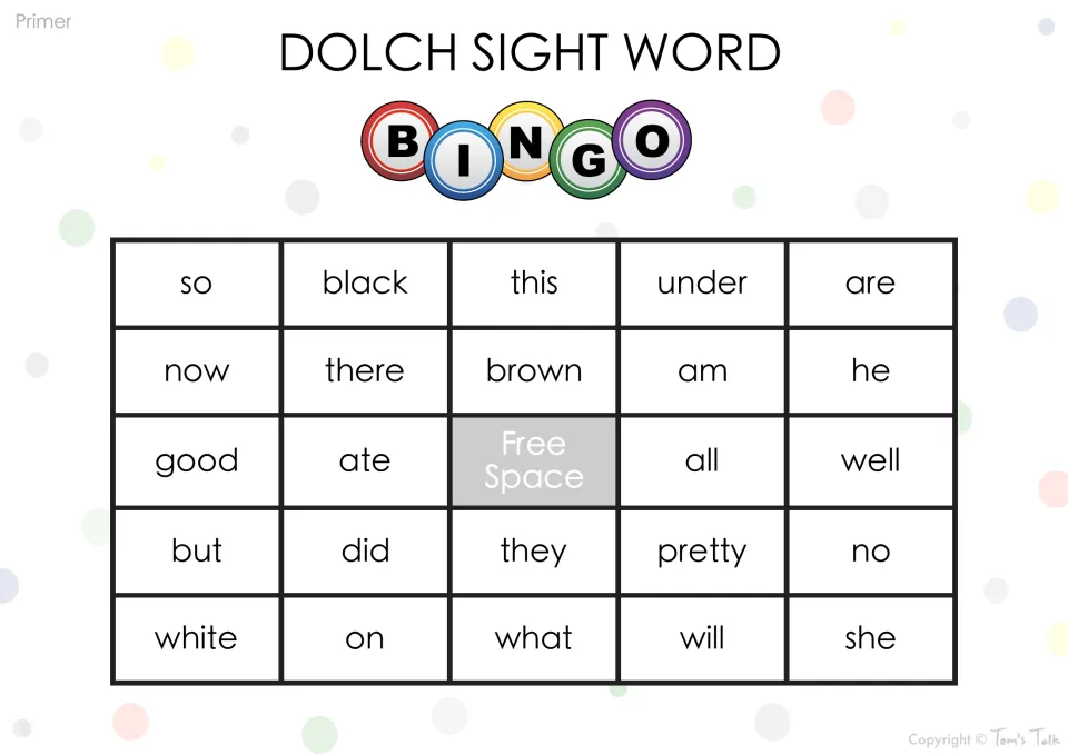 Primer bingo card with so, black, this, under, are, white, on and what; students match the called Dolch words