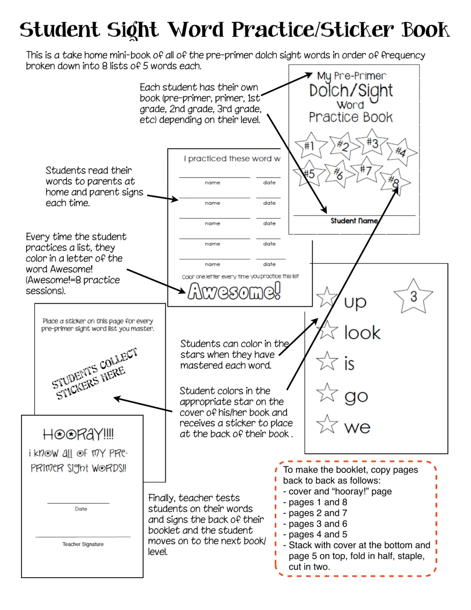 Teacher directions for a take-home sight word sticker book: 8 lists of 5 pre-primer words, parent sign-offs, folding steps