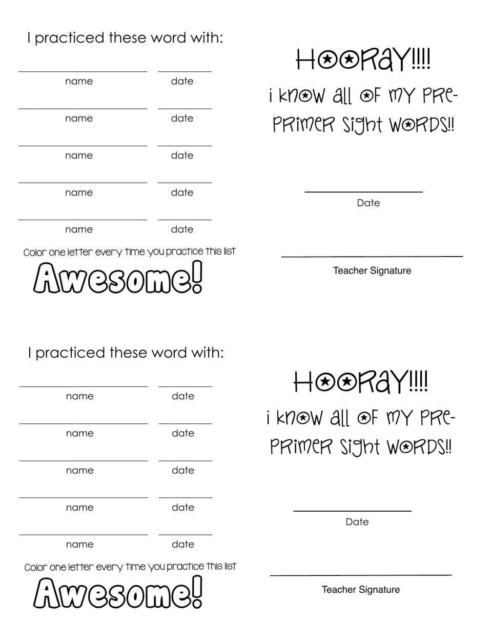 Practice log and Hooray page: students list who they read with and when, color Awesome!, and earn a teacher signature