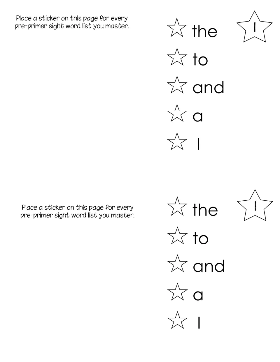 Pre-primer sight word list 1: the, to, and, a, I with a star to color for each word, beside a page for earned stickers