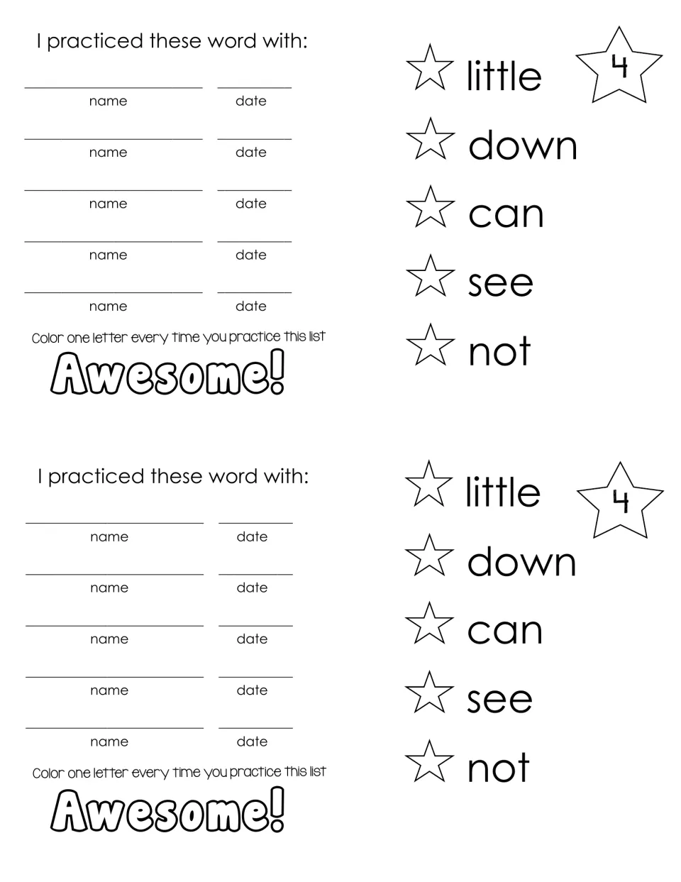 Sight word list 4: little, down, can, see, not, with a star to color beside each word and five name and date lines