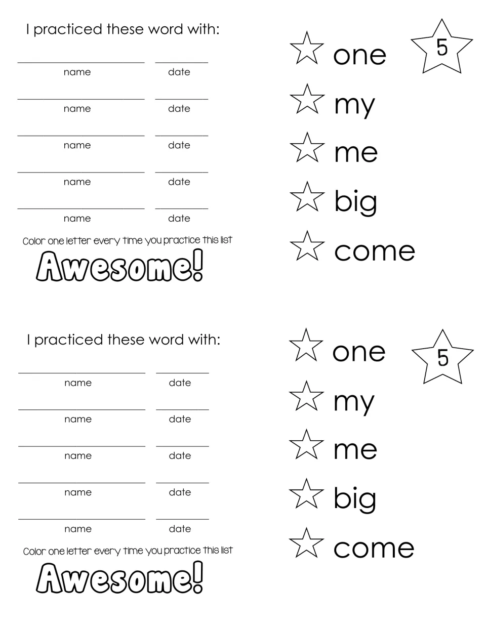 Sight word list 5: one, my, me, big, come; reading practice tracked with a partner log and an Awesome! word to color
