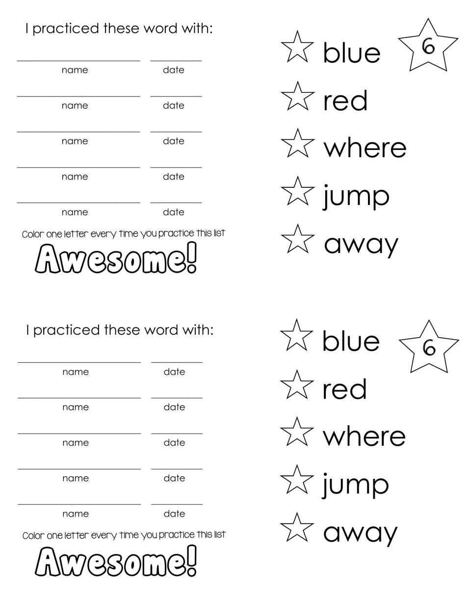 Sight word list 6: blue, red, where, jump, away, with a star beside each word and a practice record for parent sign-offs