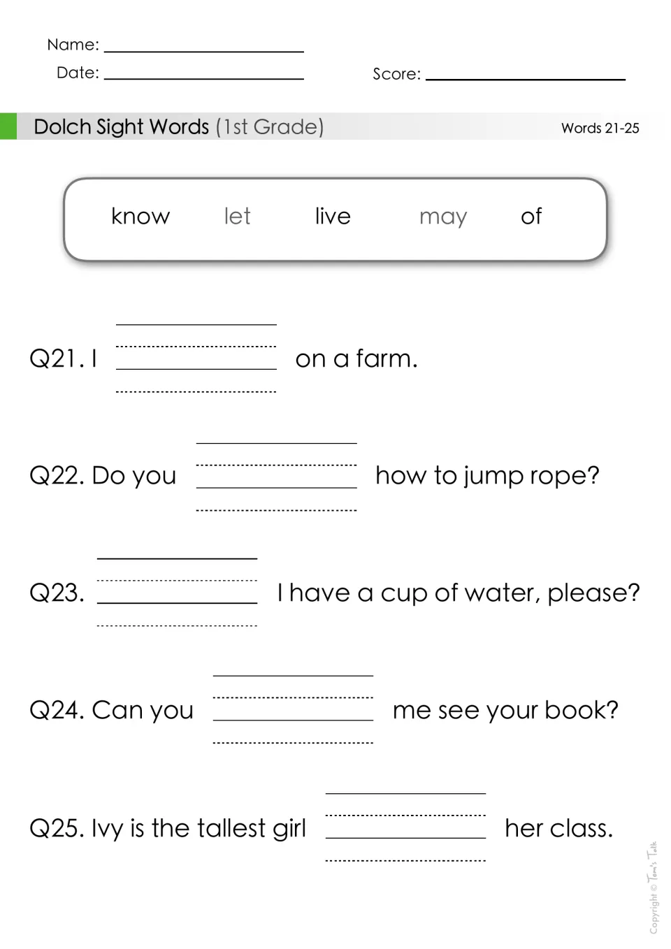 Words 21-25 cloze practice: learners pick know, let, live, may or of to fill sentences like 'I ___ on a farm'