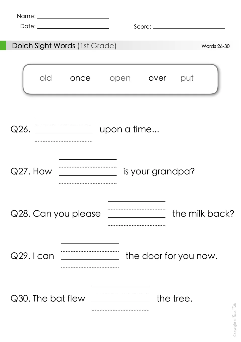 Sight words 26-30: students choose old, once, open, over or put for sentences such as '___ upon a time...'