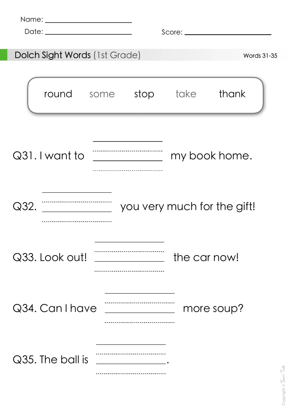 Words 31-35 fill-in-the-blank: students use round, some, stop, take or thank in lines like 'Look out! ___ the car now!'