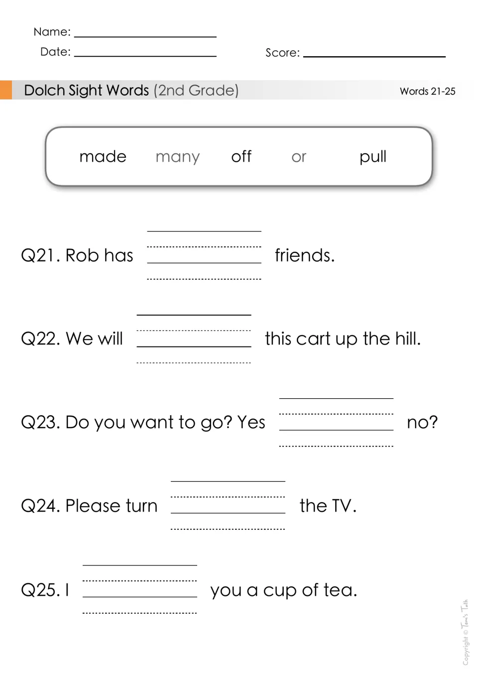 Words 21-25 fill-in-the-blank: students add made, many, off, 'or' or pull to sentences like 'Please turn ___ the TV.'