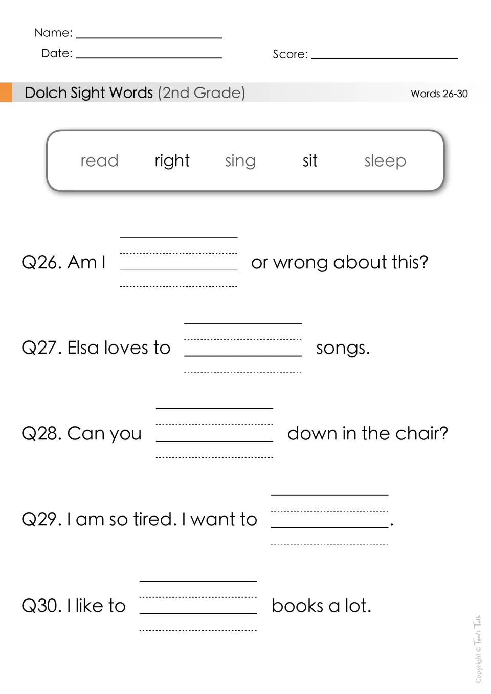 Sight words 26-30: students pick read, right, sing, sit or sleep to complete sentences such as 'Elsa loves to ___ songs.'