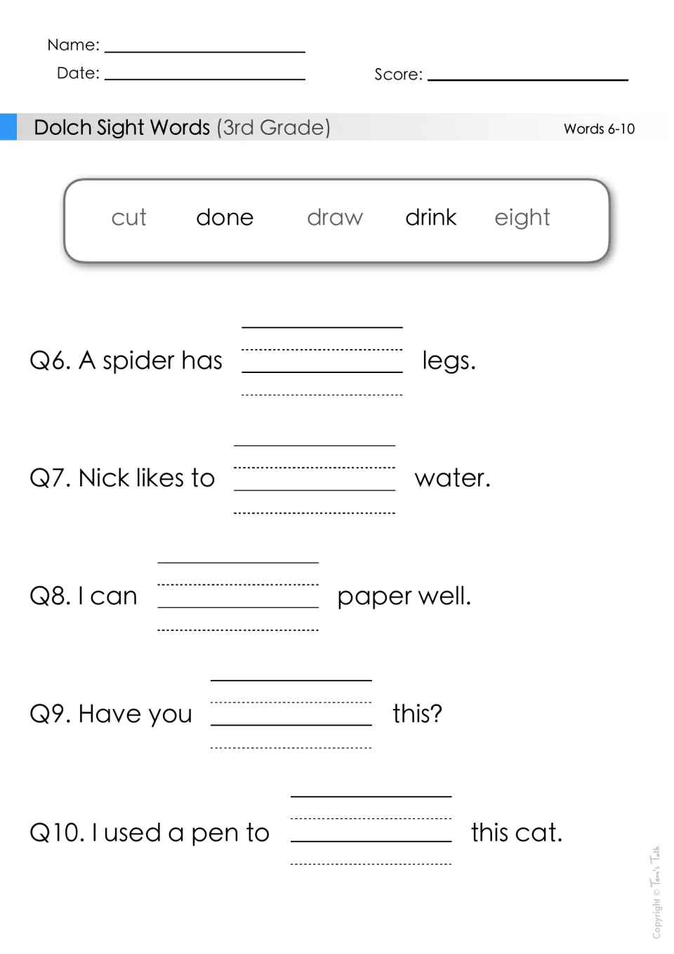 Sight words 6-10: students complete sentences such as 'A spider has ___ legs' with cut, done, draw, drink or eight