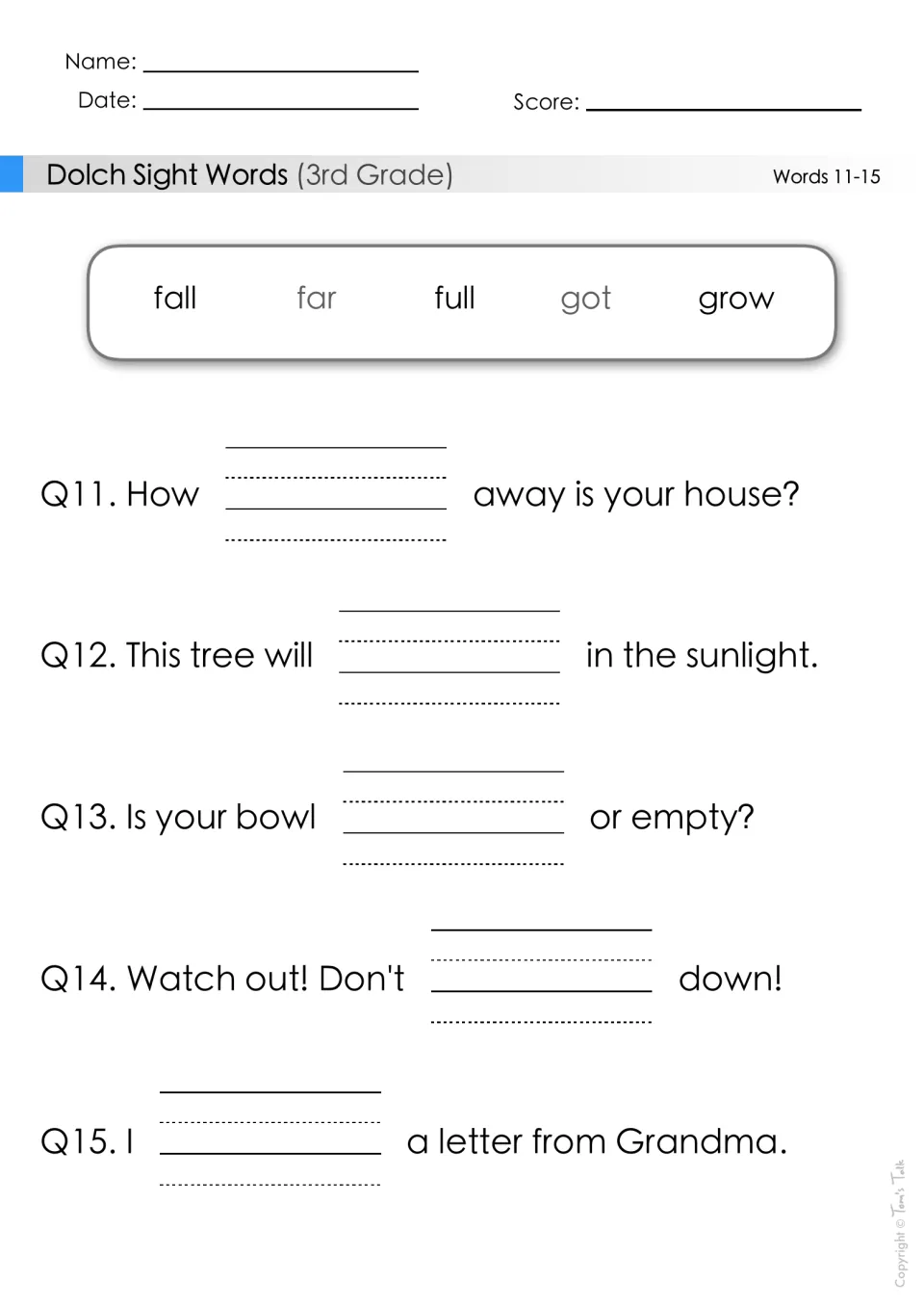 Sight words 11-15: students choose fall, far, full, got or grow to finish sentences, like 'Is your bowl ___ or empty?'