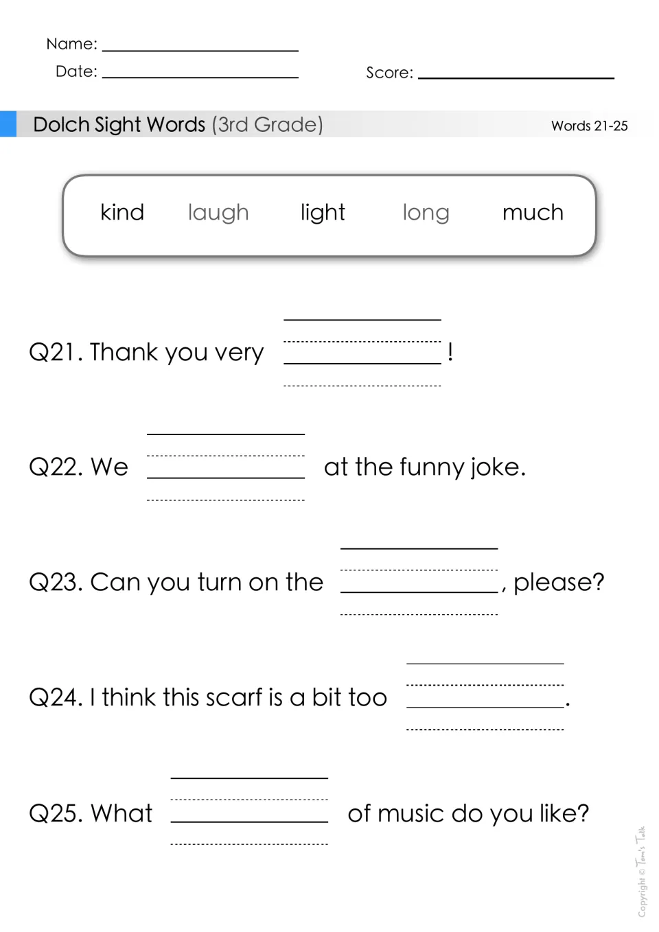 Sight words 21-25: students pick kind, laugh, light, long or much for each blank, as in 'We ___ at the funny joke.'