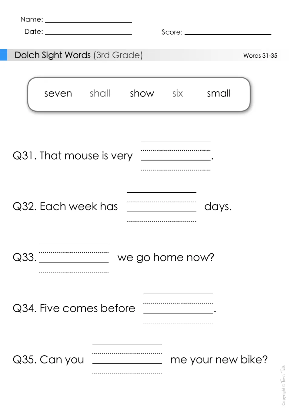 Sight words 31-35: students use seven, shall, show, six or small to fill blanks, including 'Each week has ___ days.'