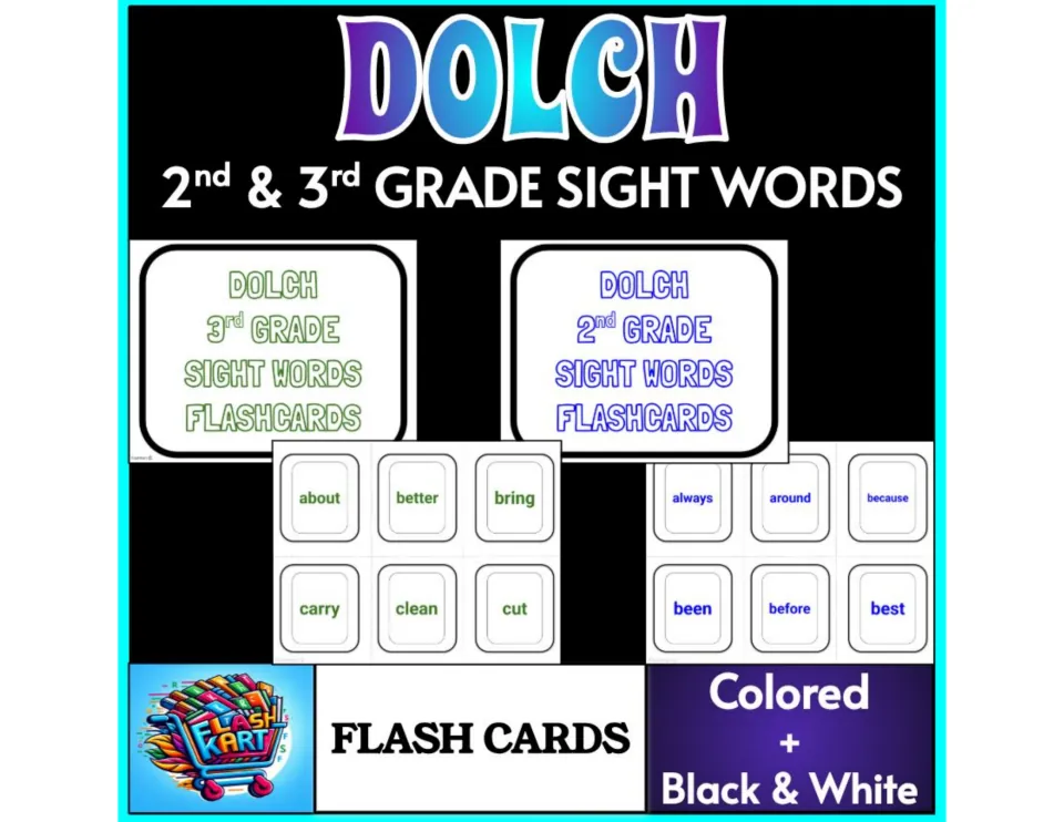 Cover for second- and third-grade Dolch sight word flashcards, showing sample cards and color options