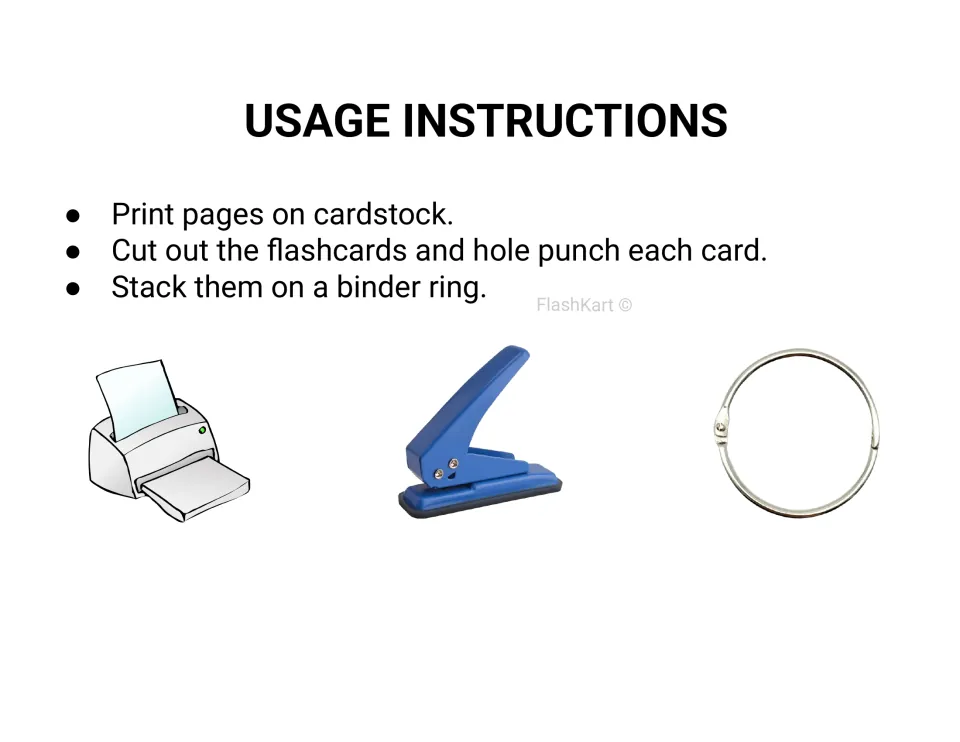 Flashcard assembly instructions: print on cardstock, cut out and hole punch each card, then stack on a binder ring