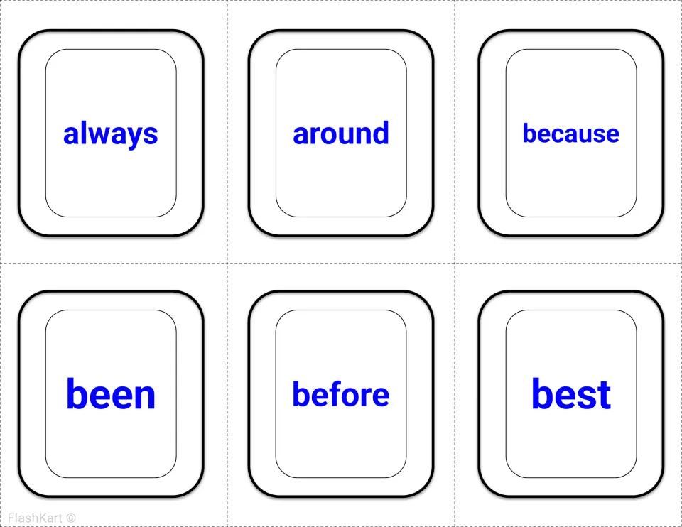 Second-grade Dolch sight word flashcards 1–6 in blue: always, around, because, been, before, and best