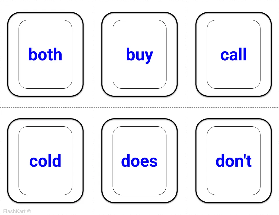 Second-grade Dolch sight word flashcards 7–12 in blue: both, buy, call, cold, does, and don't