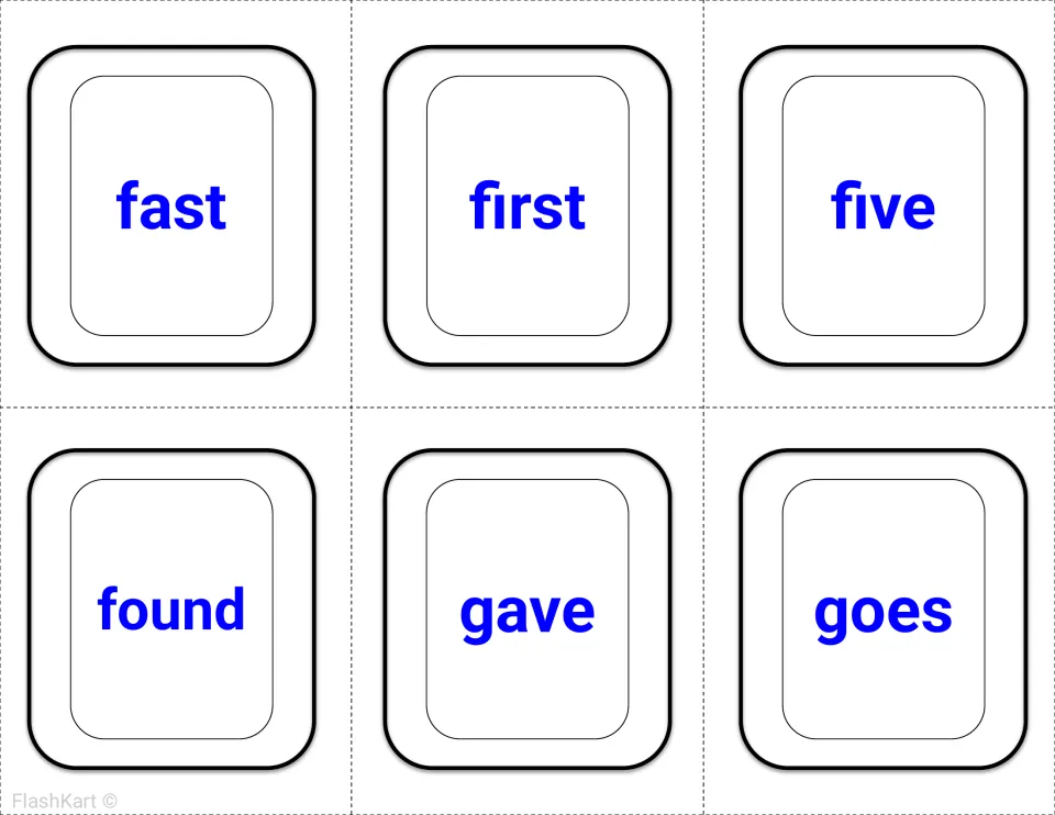 Second-grade Dolch sight word flashcards 13–18 in blue: fast, first, five, found, gave, and goes