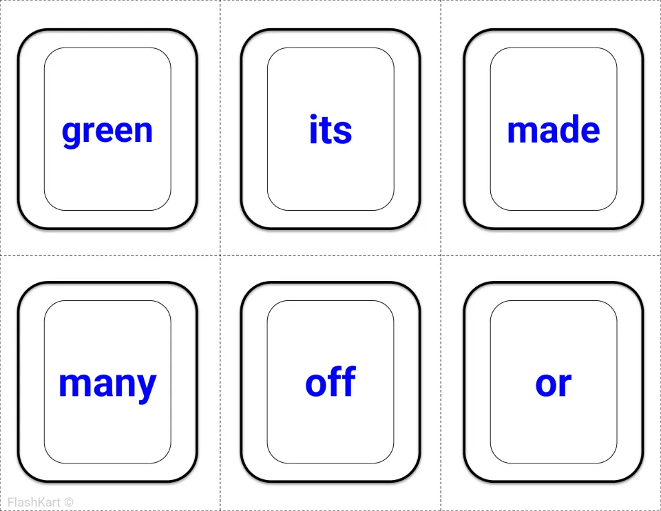 Second-grade Dolch sight word flashcards 19–24 in blue: green, its, made, many, off, and or