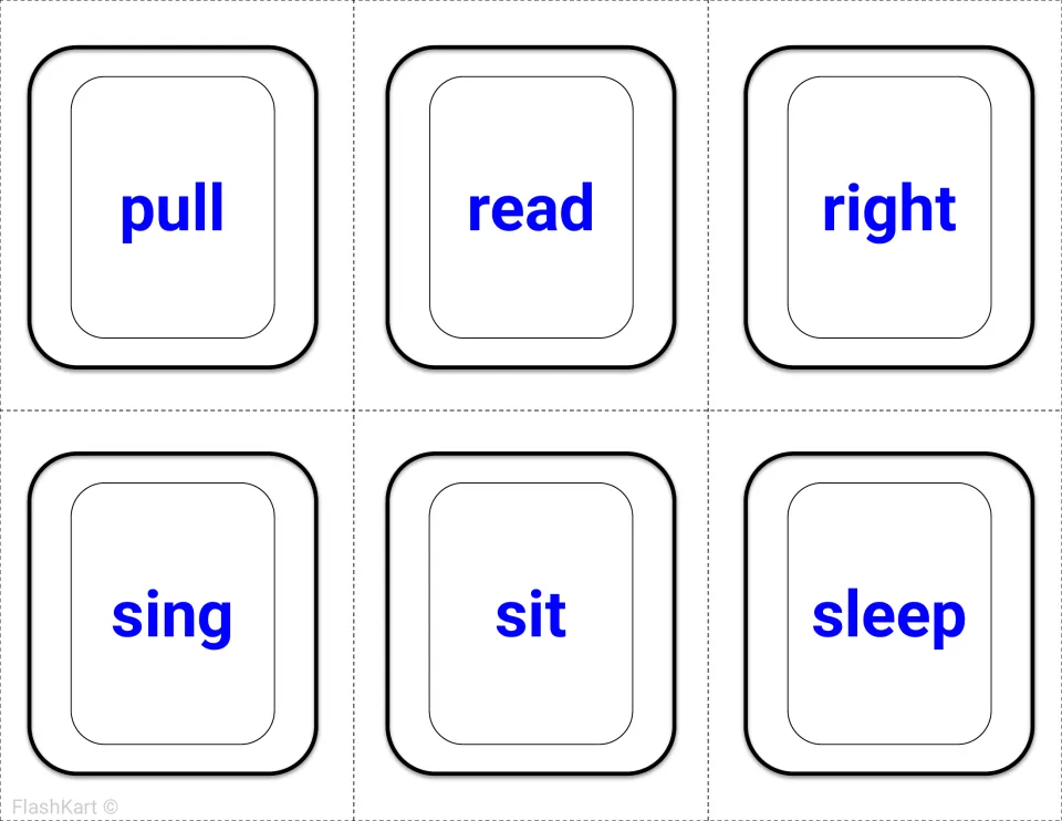 Second-grade Dolch sight word flashcards 25–30 in blue: pull, read, right, sing, sit, and sleep