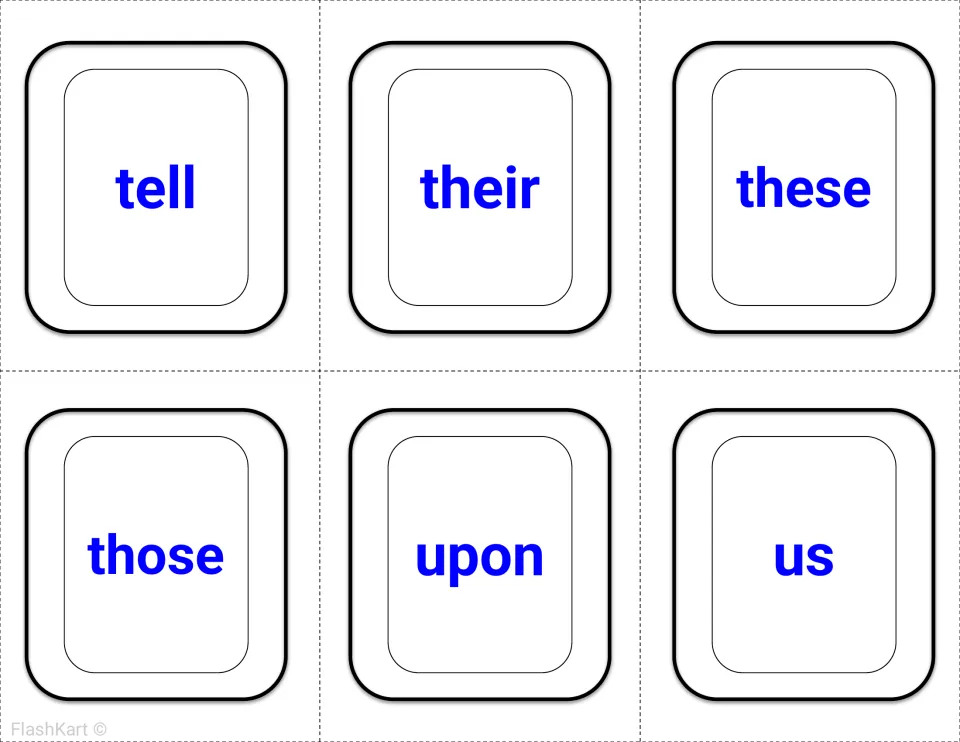 Second-grade Dolch sight word flashcards 31–36 in blue: tell, their, these, those, upon, and us