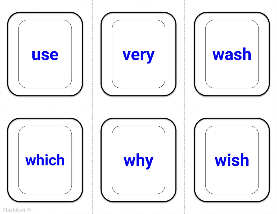 Second-grade Dolch sight word flashcards 37–42 in blue: use, very, wash, which, why, and wish