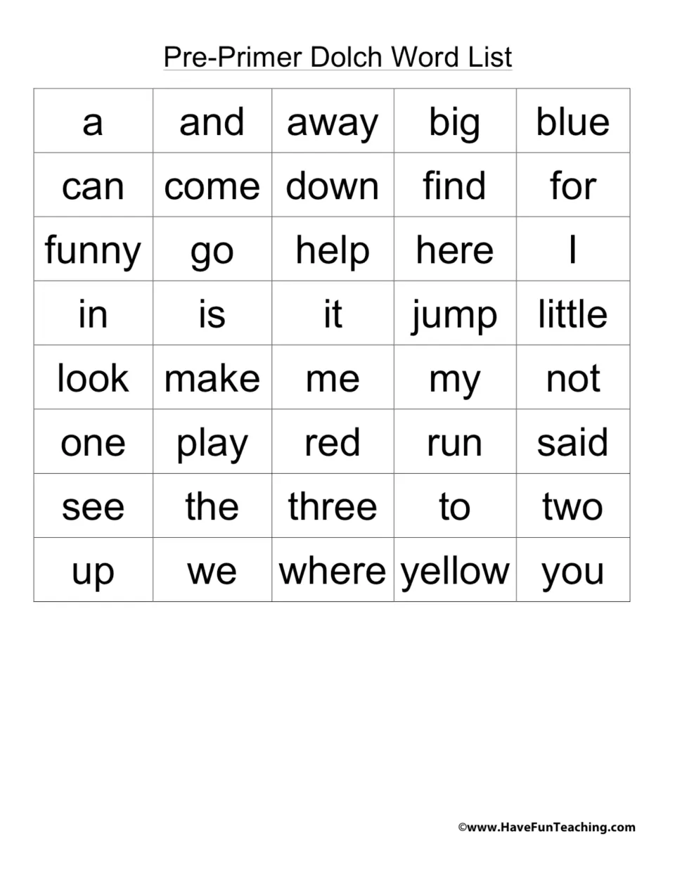 Pre-Primer Dolch Word List: 40 sight words from a, and, away to where, yellow, you for students to read and practise