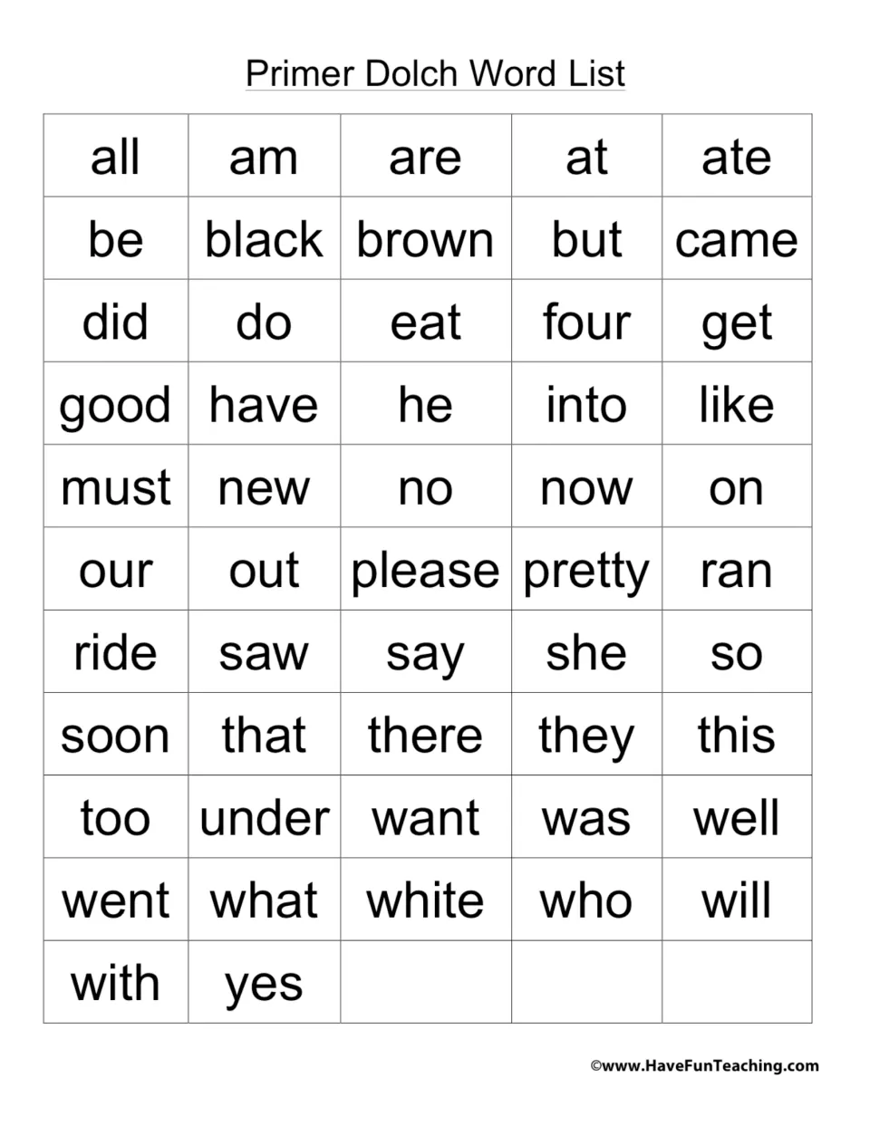 Primer Dolch Word List: 52 sight words from all, am, are to went, with, yes for students to read and learn by sight