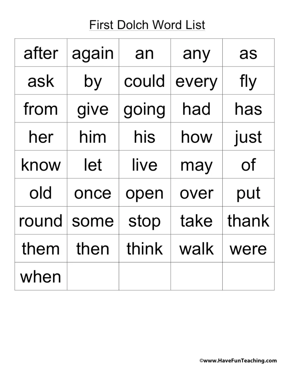 First Dolch Word List: 41 sight words such as after, again, could, every, thank and when for students to read