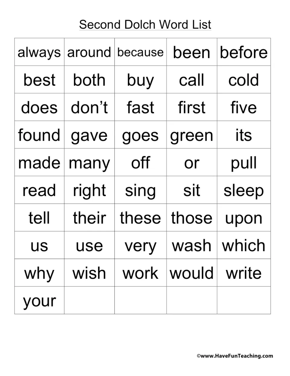 Second Dolch Word List: 46 sight words such as always, because, don't, their, would and your for students to read