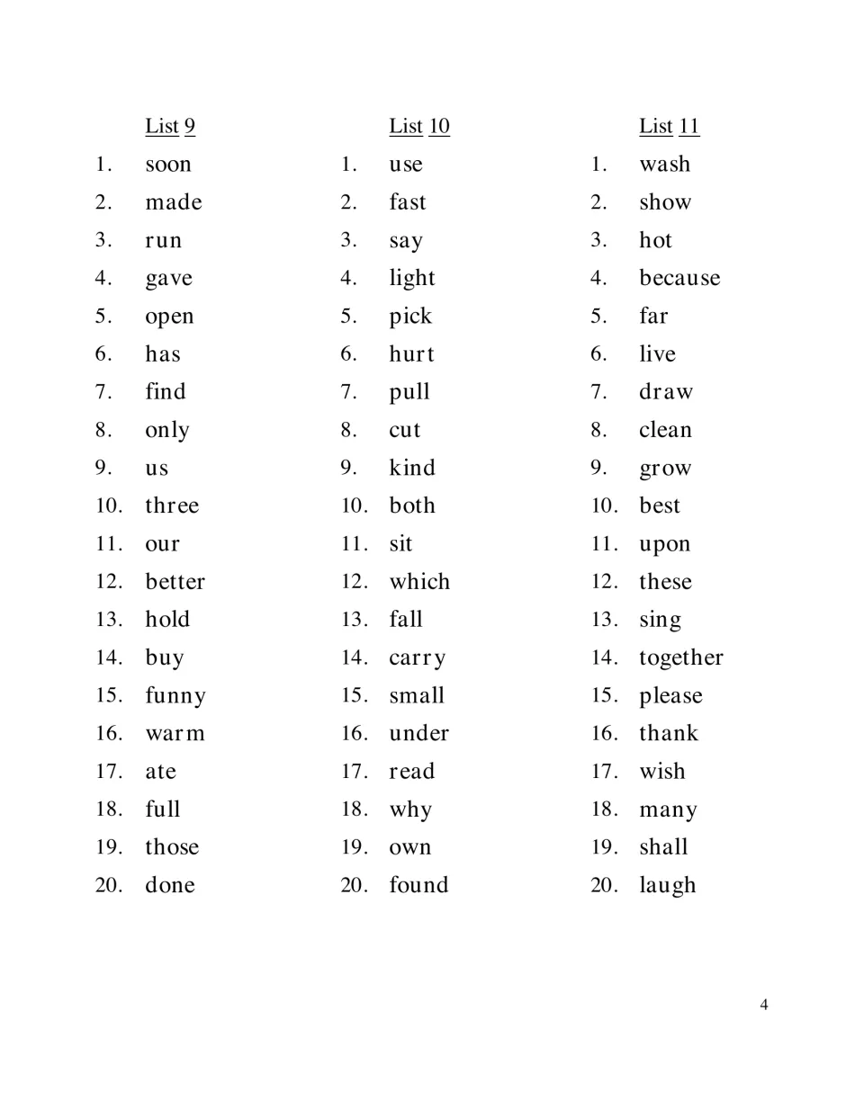 Dolch sight word Lists 9 to 11: students read 20 words per list, including soon, use, wash, together and laugh
