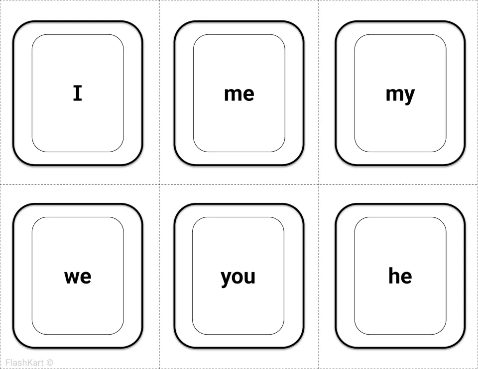 Pronoun sight words: six cut-out flashcards showing I, me, my, we, you and he for students to read aloud by sight