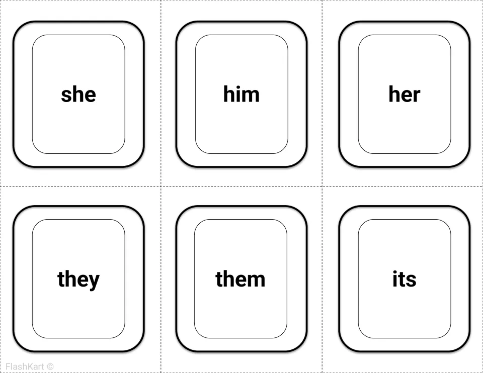 Pronoun sight words: six cut-out flashcards showing she, him, her, they, them and its for students to read by sight