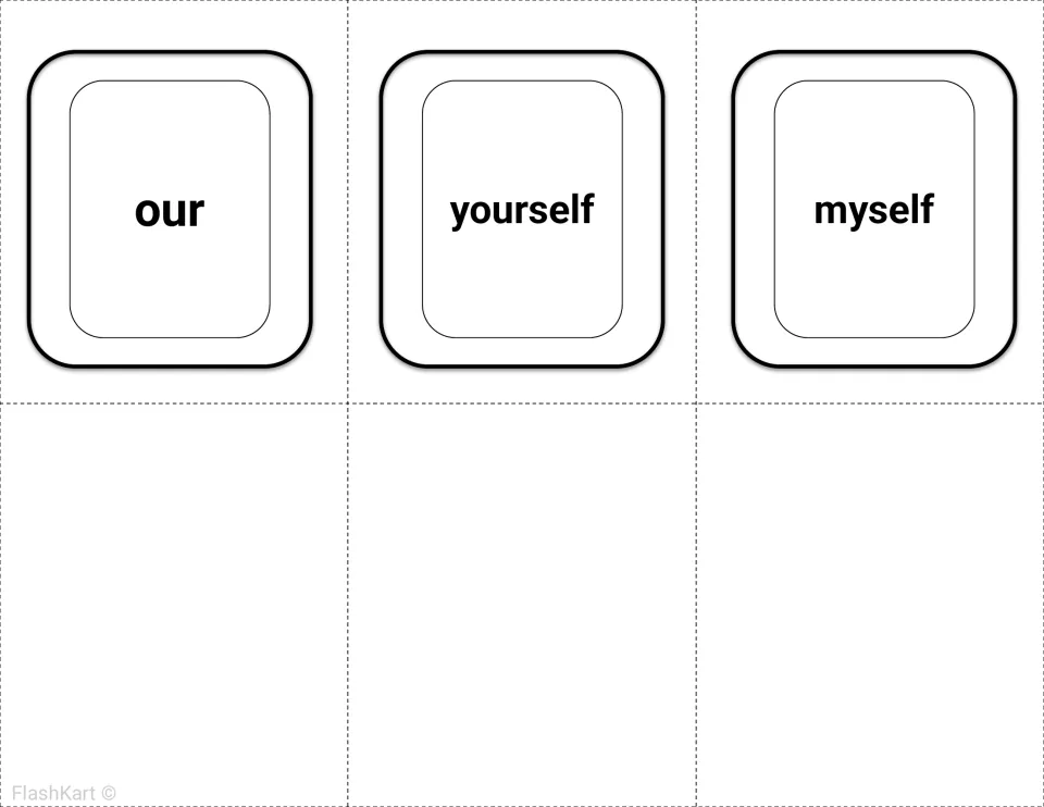 Pronoun sight words: three cut-out flashcards showing our, yourself and myself for students to recognize and read aloud