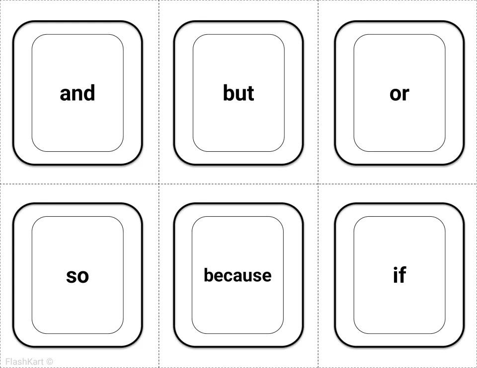 Conjunction sight words: six cut-out flashcards showing and, but, or, so, because and if for students to read by sight