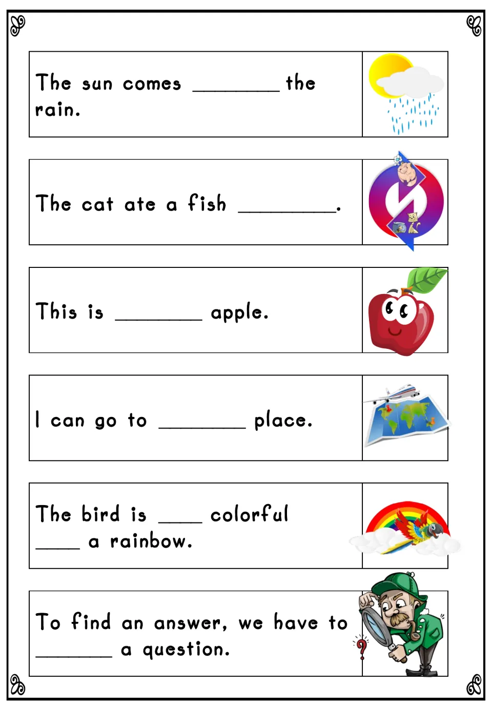 Sight word sentences: students write the missing word in six picture-cued sentences, such as This is ___ apple.
