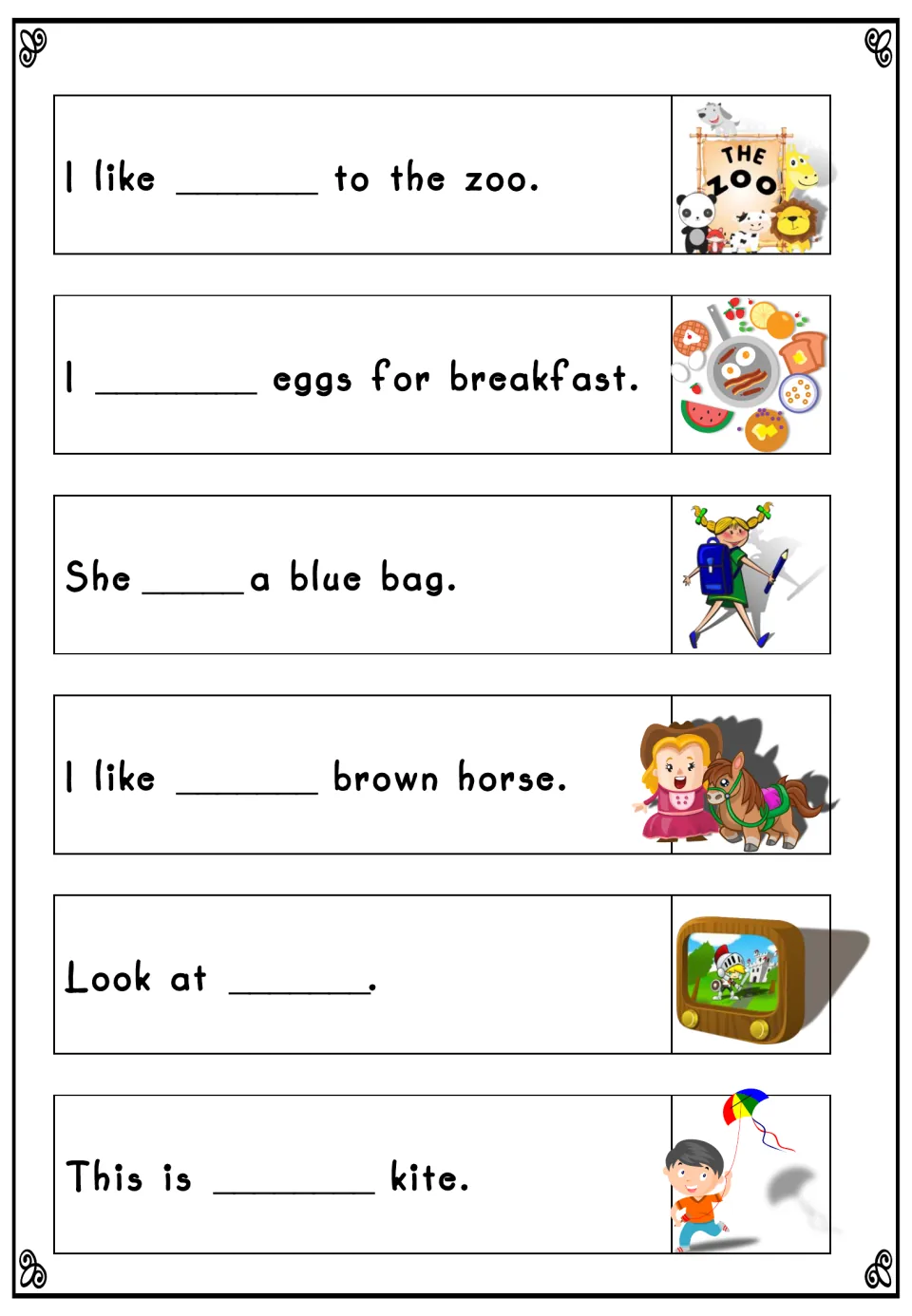 Fill in the sight word for six sentences, from I like ___ to the zoo to This is ___ kite, with a picture beside each one