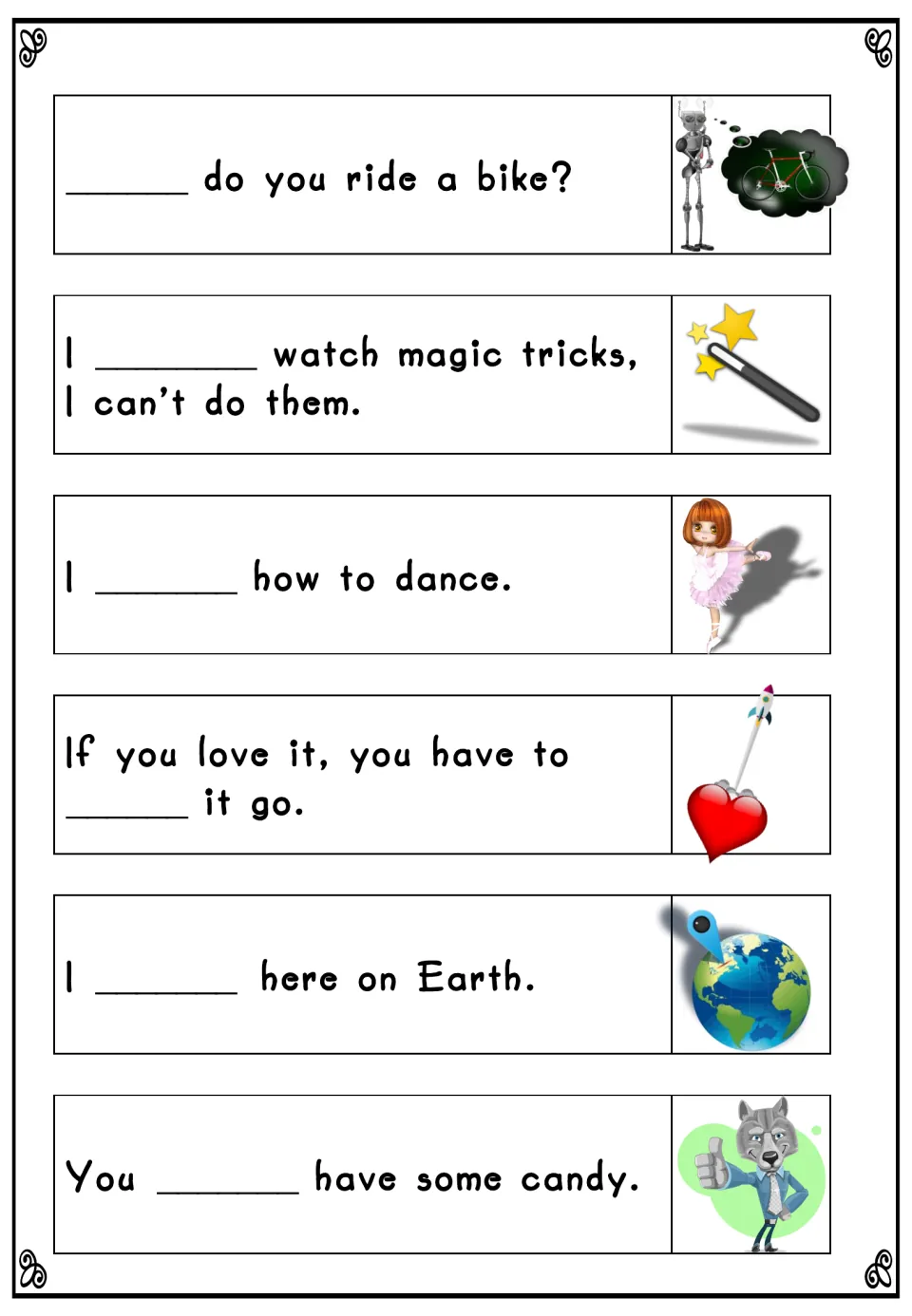 Cloze sentences with picture hints: students complete ___ do you ride a bike?, I ___ how to dance and four more