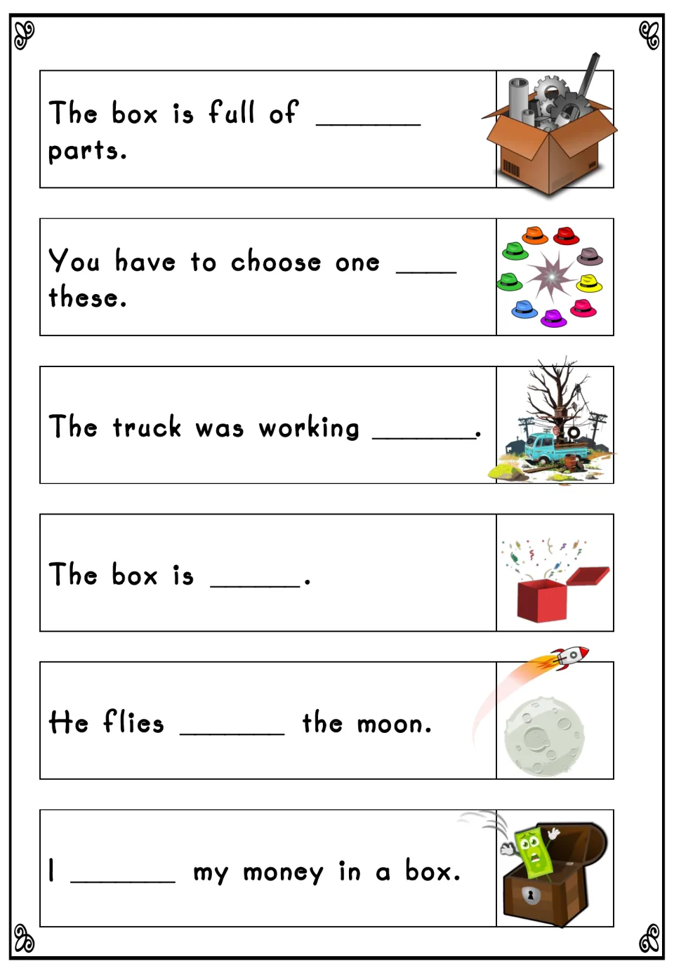 Students finish sentences about a box of parts, hats, a truck, the moon and a money box by writing the missing sight word