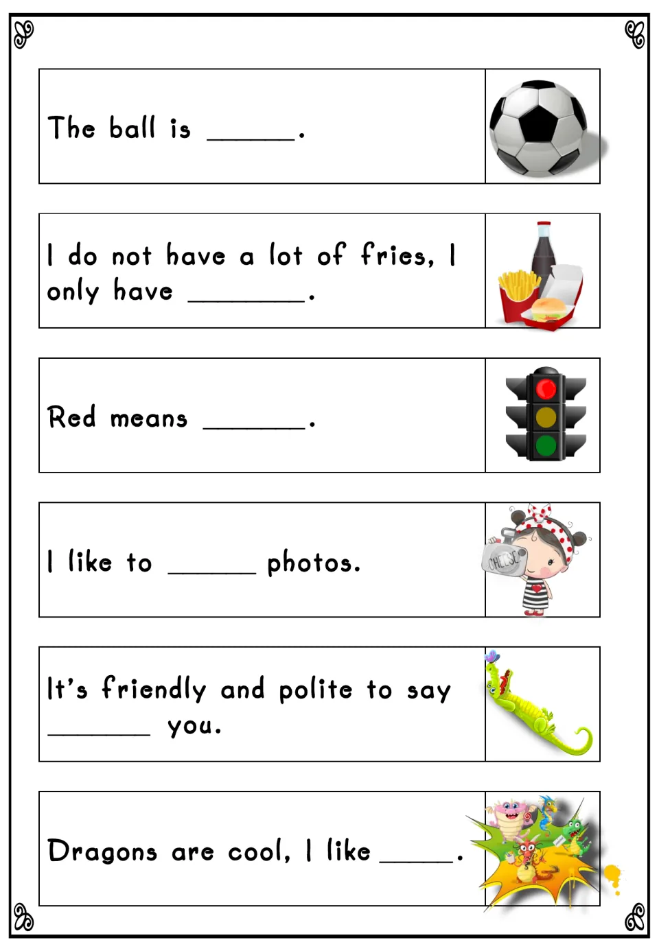 Six blank-word sentences, including The ball is ___ and Red means ___, for students to finish using the picture clues