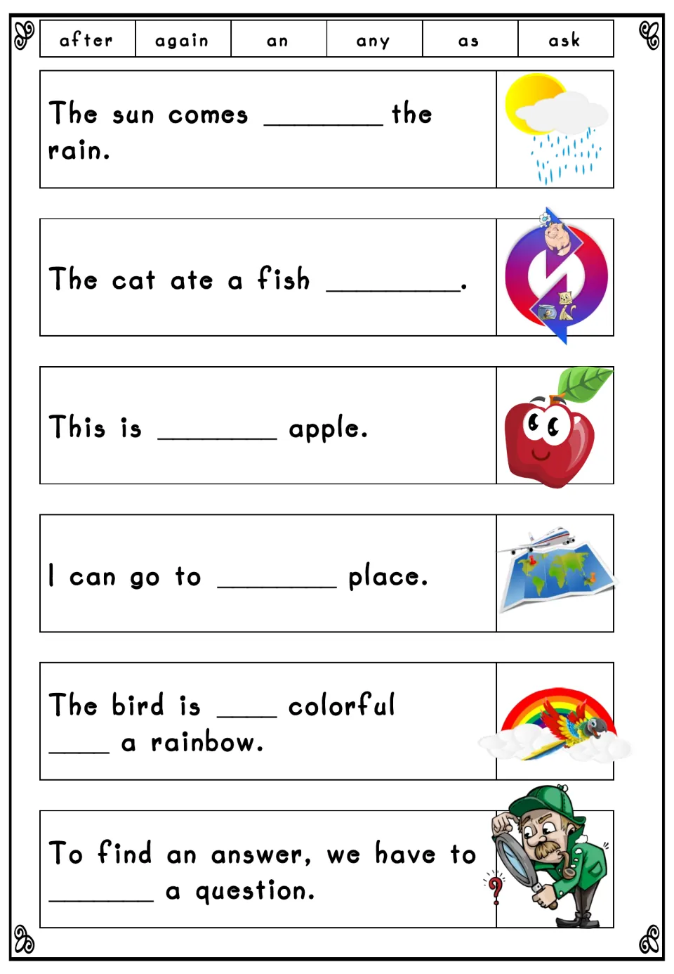 Word bank of after, again, an, any, as and ask above six sentences; students choose the right word for each blank