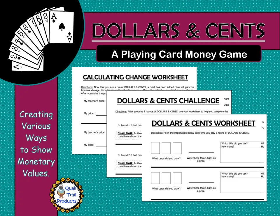 Dollars & Cents cover: a playing card money game previewing the worksheet, challenge and calculating change pages
