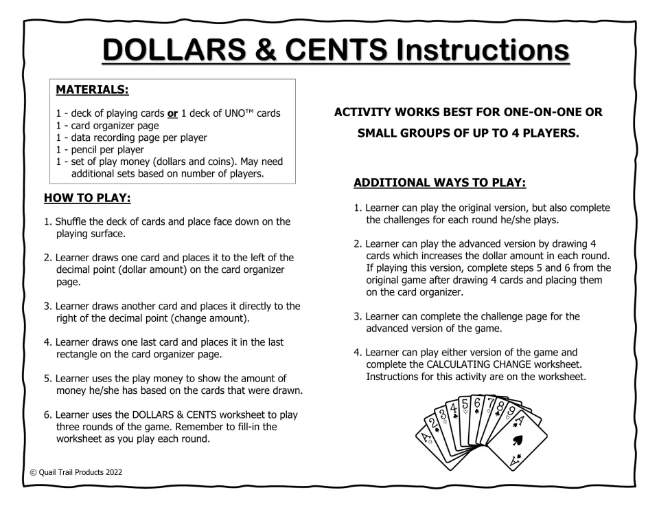 Game instructions: materials list, six steps for drawing cards to form a price and showing it with play money