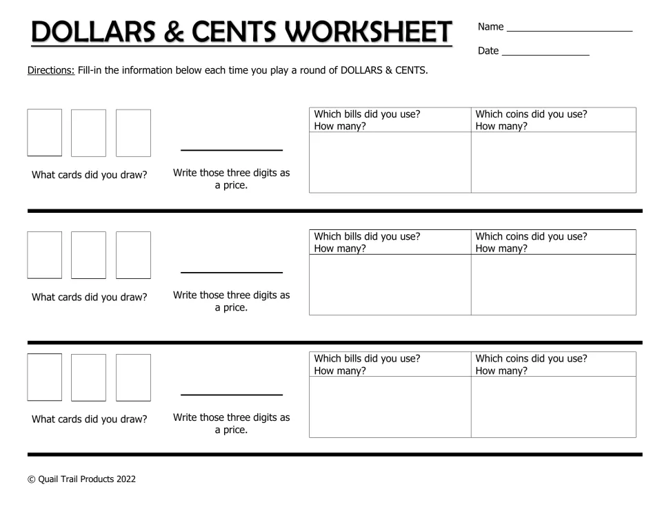Recording sheet: for 3 rounds students note the cards drawn, write the digits as a price and list bills and coins used
