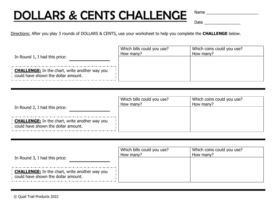 Money challenge: students write each round's price and show another way to make that amount with different bills and coins