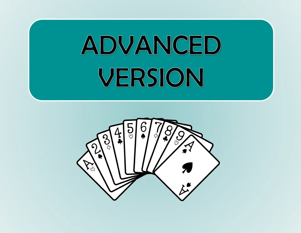 Advanced version divider: section title above a fanned hand of playing cards, opening the four-card game pages