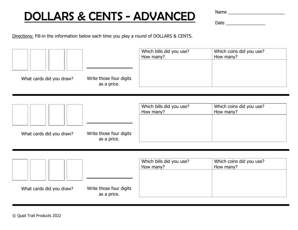 Advanced recording sheet: students write four drawn digits as a price and list the bills and coins used in each of 3 rounds
