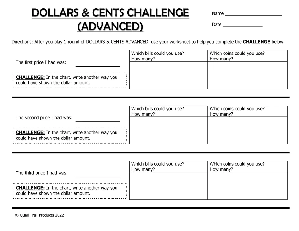 Advanced money challenge: students record their first, second and third prices and chart another bill and coin combination