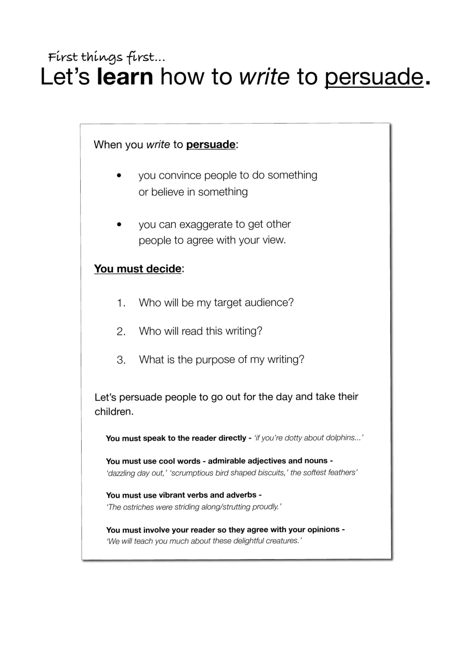 Persuasive writing guide: what persuading means, audience and purpose questions, and tips like direct address